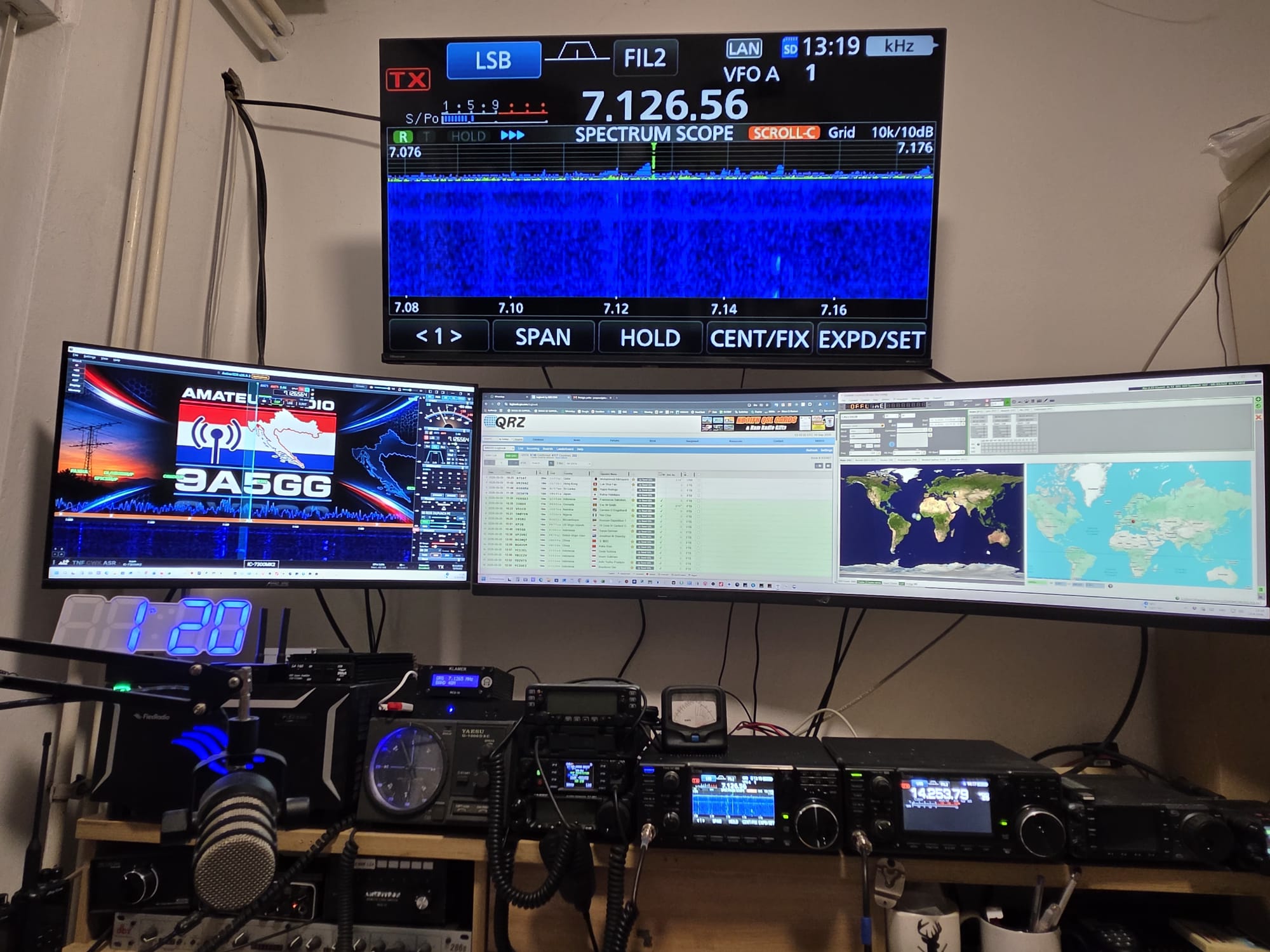 9A5GG amateur radio shack with multiple monitors