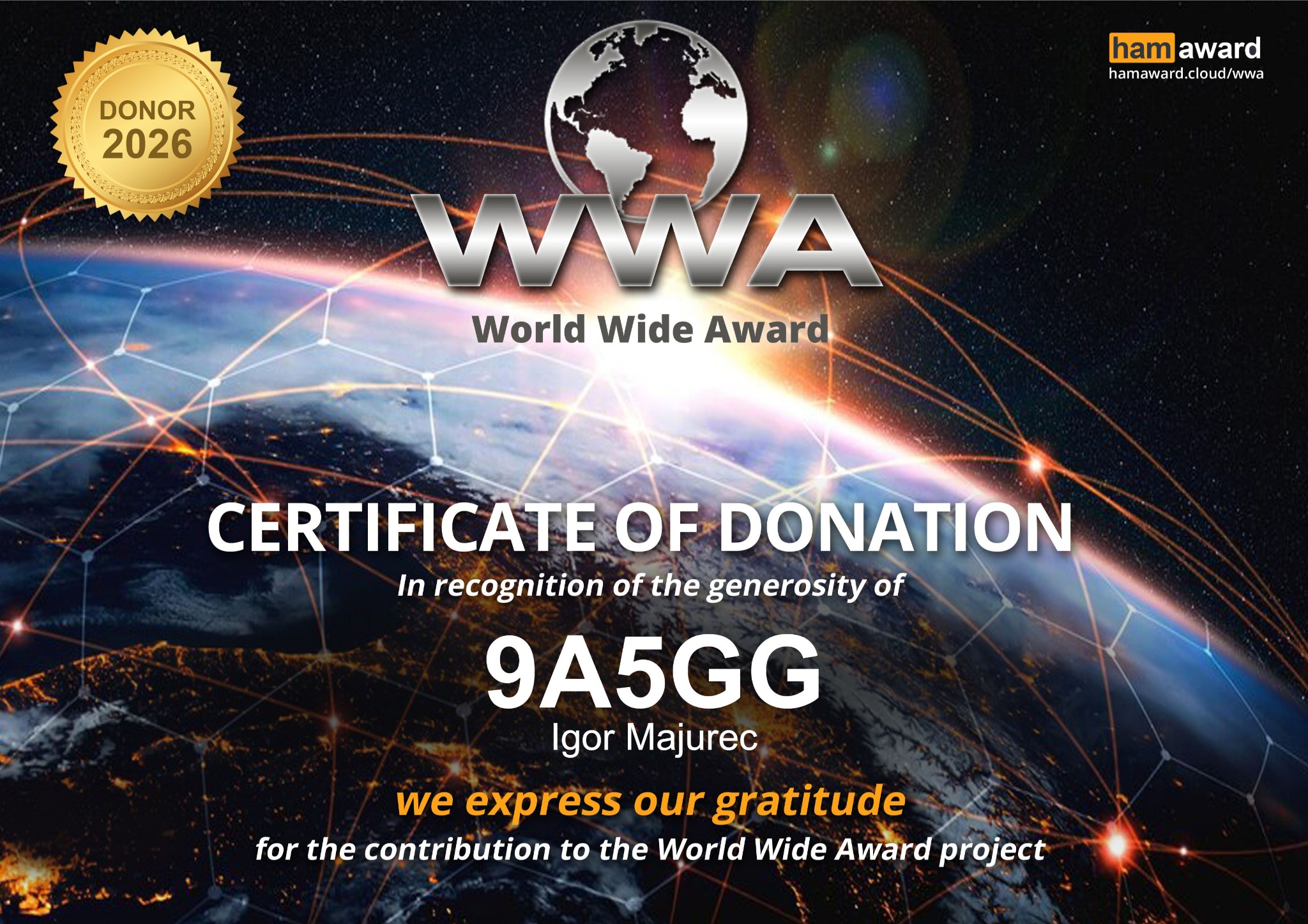 World Wide Award 2026 certificate for 9A5GG